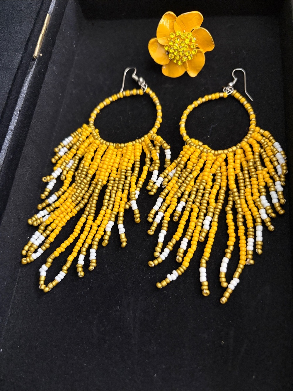 Handmade Yellow Beaded Fringe Hoop Earrings & Vintage Yellow Flower Ring